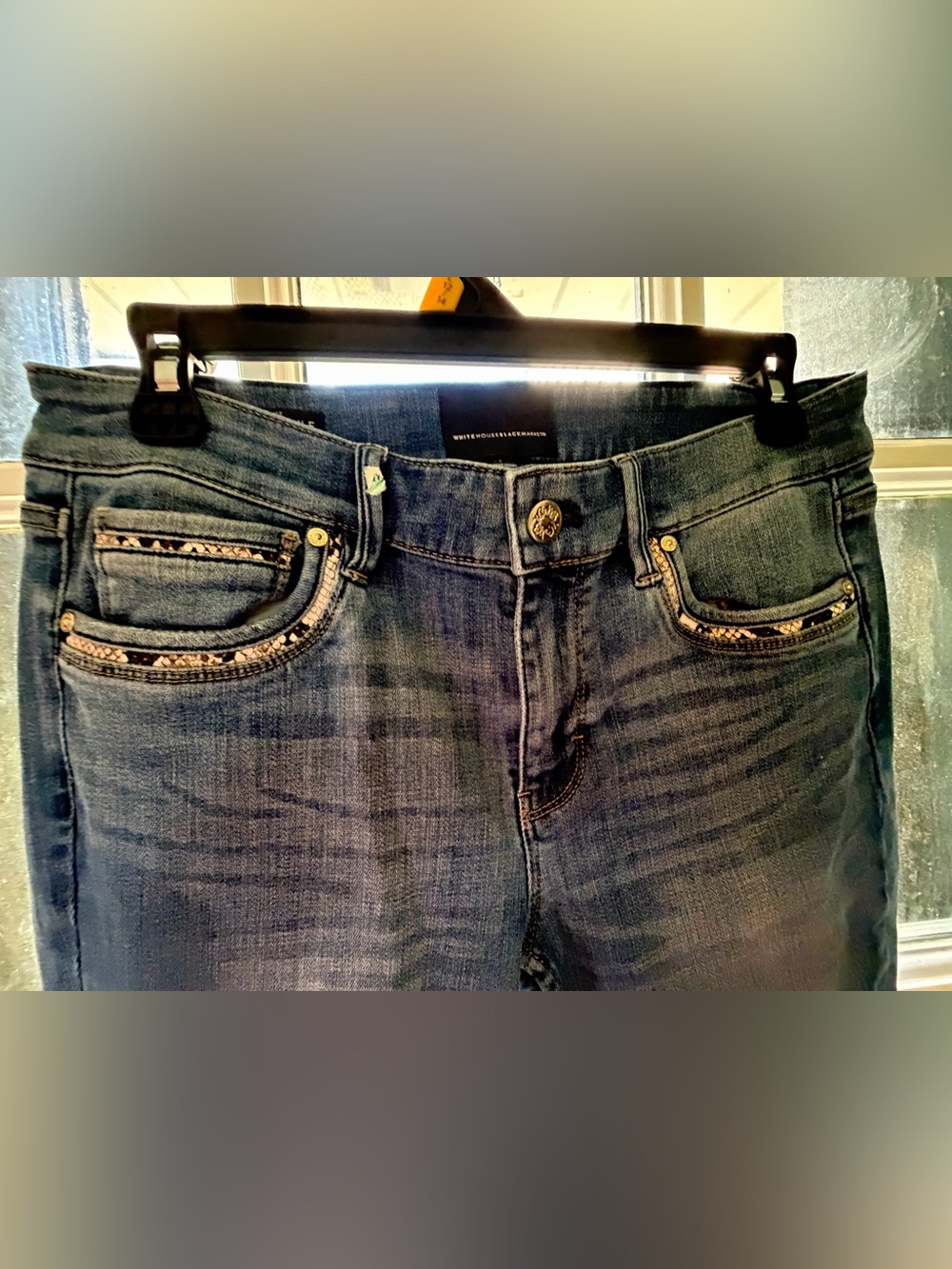 White House Black Market Womens Blue Slim Jeans w Embellished Snakeskin, 6